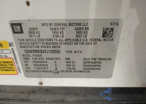 2015 GMC Acadia Slt-1 z USA, uszkodzony, nr VIN 1GKKRRKDXFJ136503